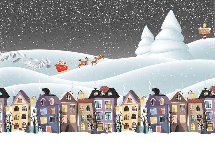 Happy X-Mas! Zeichnung, Häuserreihe, Weihnachtsmann fährt mit dem Schlitten im Hindergrund